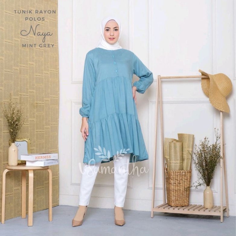 Tunik Rayon Dewasa Polos Rampel Rempel Ruffle Busui Friendly Naya Biru Muda Mint Grey Wardah Hitam M
