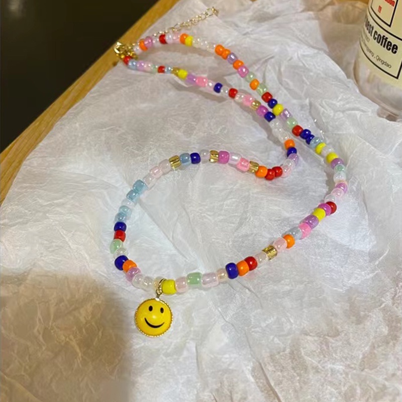 Kalung Rantai Klavikula Handmade Dengan Liontin Smiley Face Warna-Warni