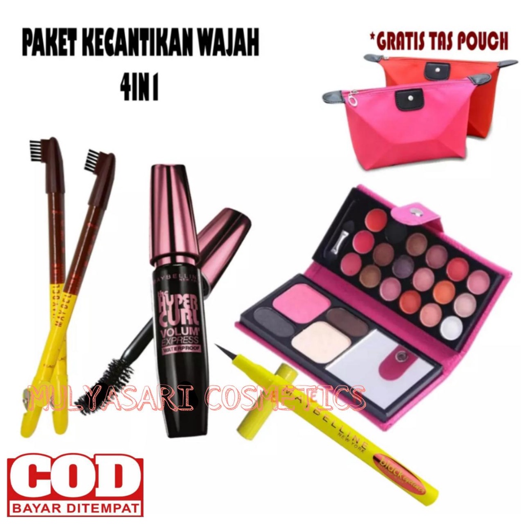 Paket Kosmetik Maybelline 4 in 1 / Paket Makeup Wanita Maybelline 1 Paket 4 in 1 - Eyeshadow + Maskara + Eyeliner + Pensil Alis + free Tas MakeUp Pouch