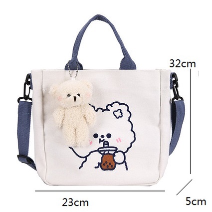 TAO Tas Canvas Korea 2in1 Totebag Selempang FREE Gantungan boneka