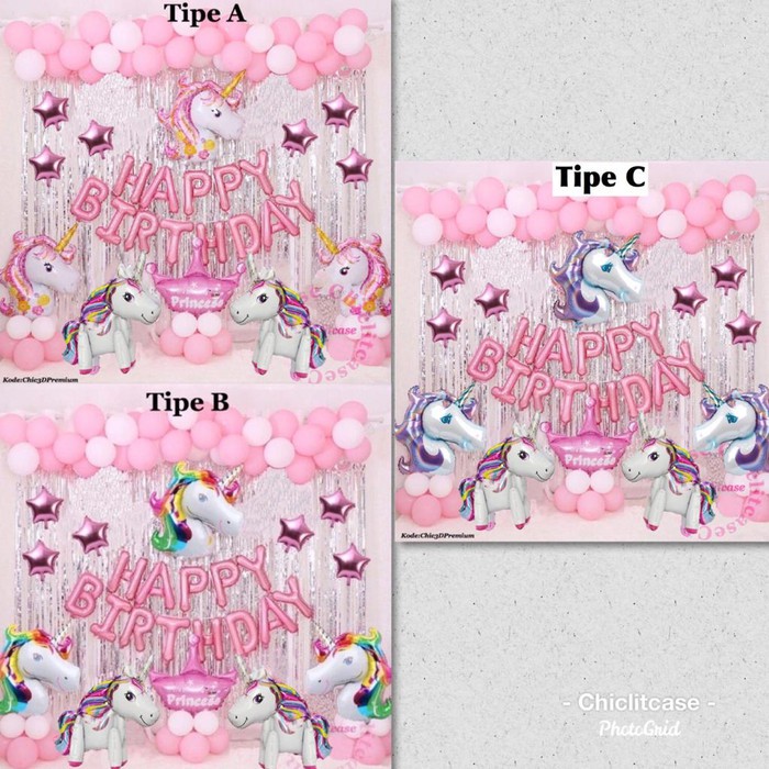 SET balon foil unicorn pony pink happy birthday / ulang tahun pesta
