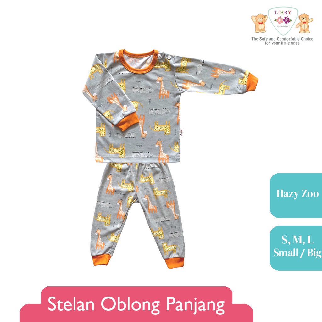 Baju Bayi Setelan Oblong Anak Piyama Panjang LIBBY Stelan Motif Hazy Zoo (1 stel)