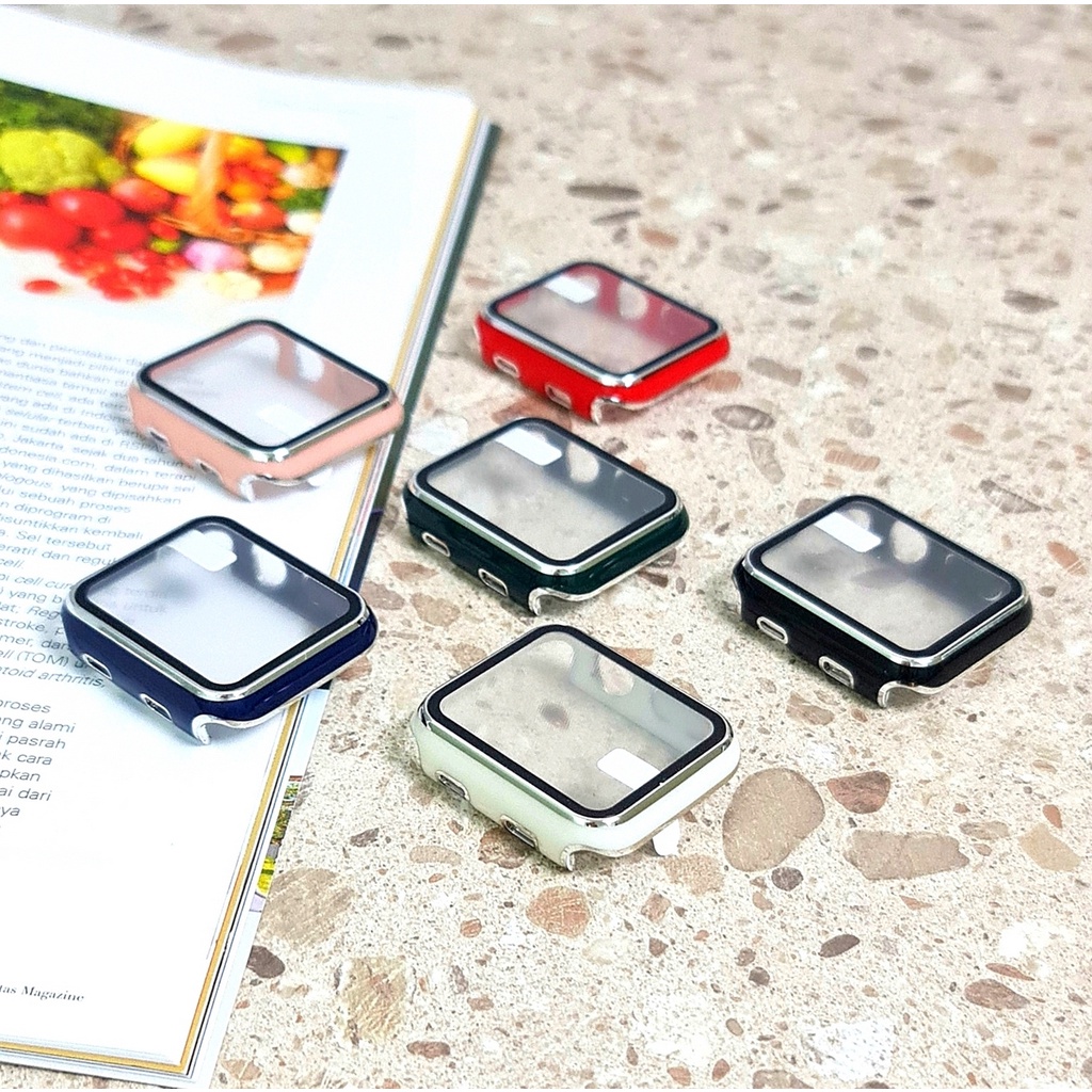 LIST CHROME GLASS COVER APPLE WATCH - SERIES 8 1 2 3 4 5 6 7 SE | SIZE 38mm 40mm 41mm 42mm 44mm 45mm | tempered glass pelindung layar case iwatch