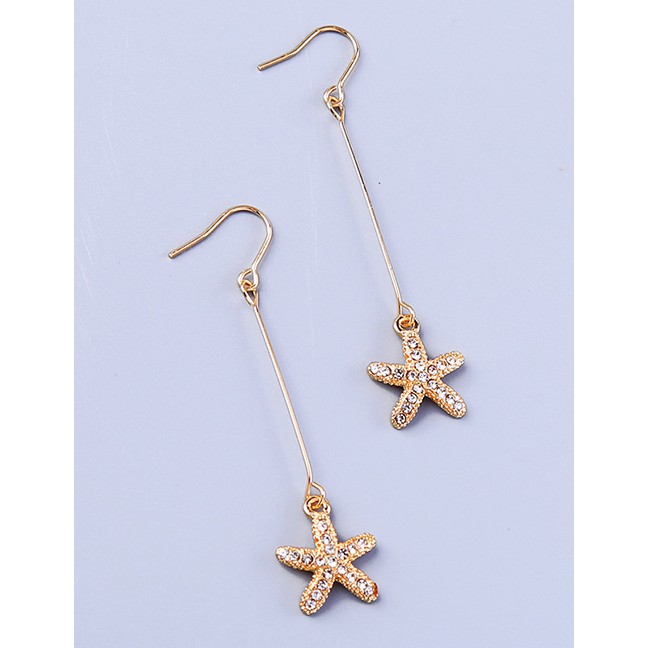 LRC Anting Gantung Fashion Long Starfish Alloy Diamond-studded Small Starfish Earrings F92087