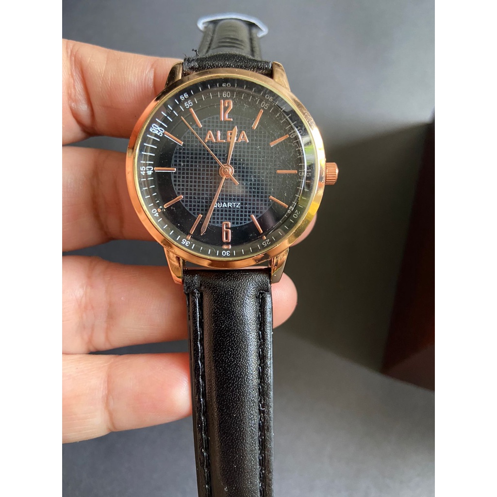 Jam Tangan ALB RUMI Quartz Analog Wanita Pria Tampilan Retro Bentuk Bulat Tali Kulit PU