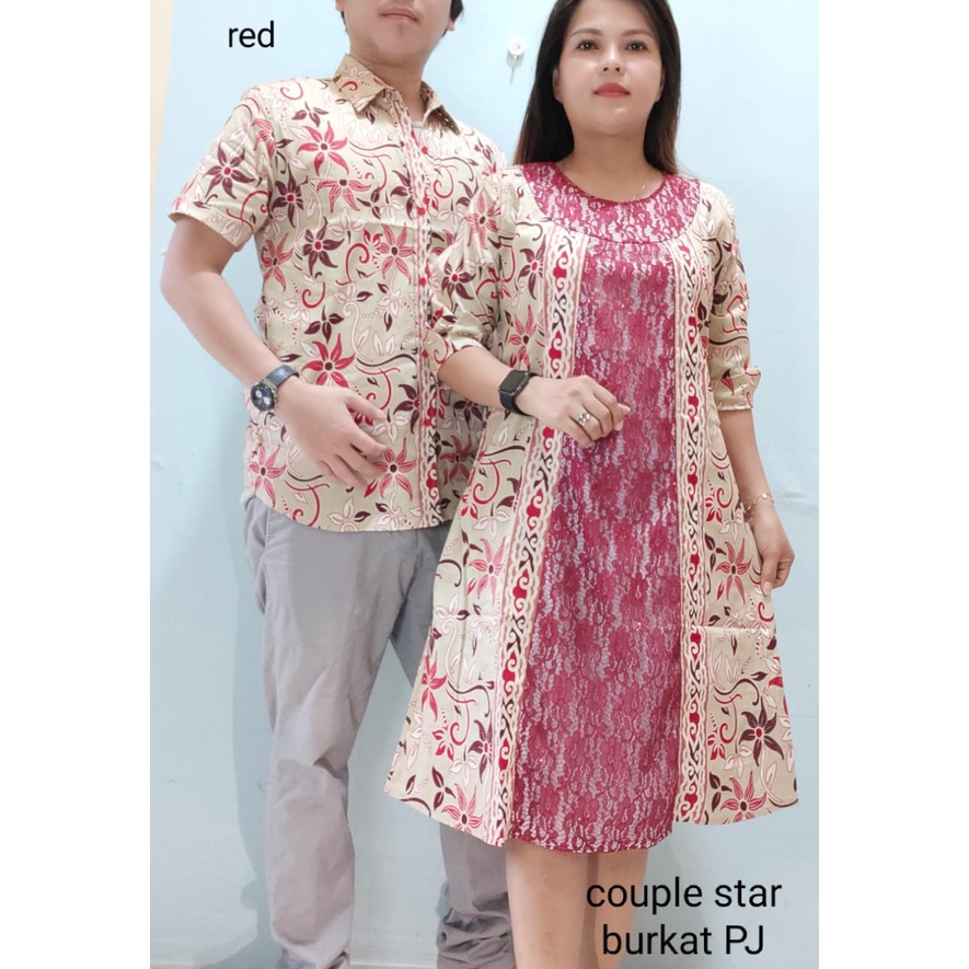 pakaian couple pria dan wanita kemeja dan dress batik star kombinasi brukat PJ.katun stretd premium