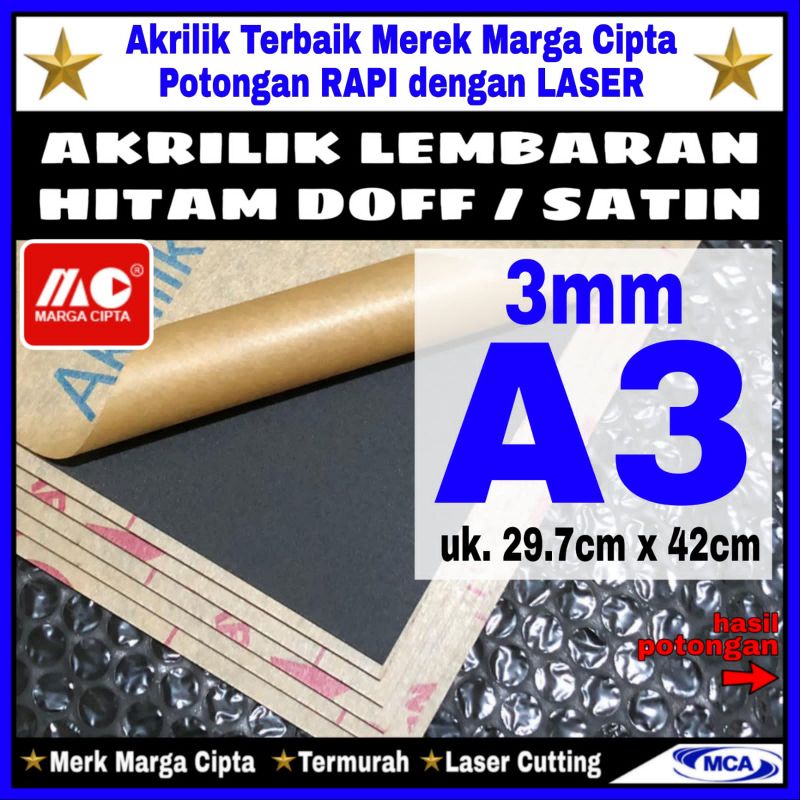 AKRILIK lembaran HITAM DOFF / SATIN 3mm A3 / Marga cipta / Acrylic