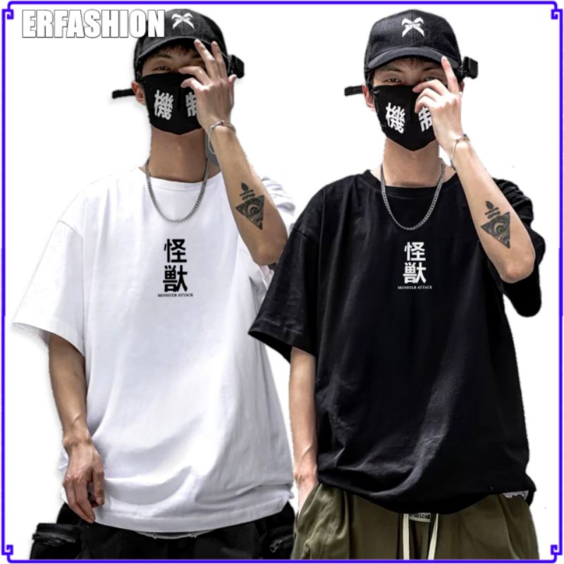 Erfashion Kaos Distro Monster Attack Unisex Pria & Wanita | T-shirt Jumbo Combed 30S | Kaos Oversize
