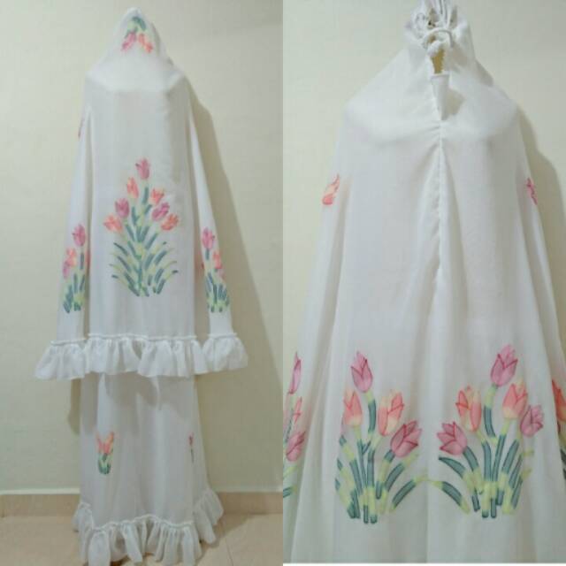 Mukena sulam bayang,, bahan sifon helena, setelan, sulam tangan, pakai tas, asli bukittinggi