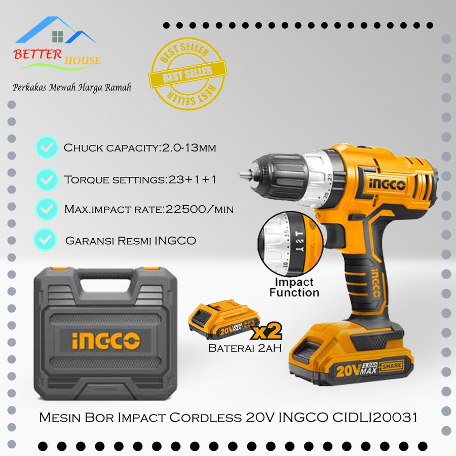 Mesin Bor Impact Cordless 13mm 20V INGCO CIDLI20031 flex