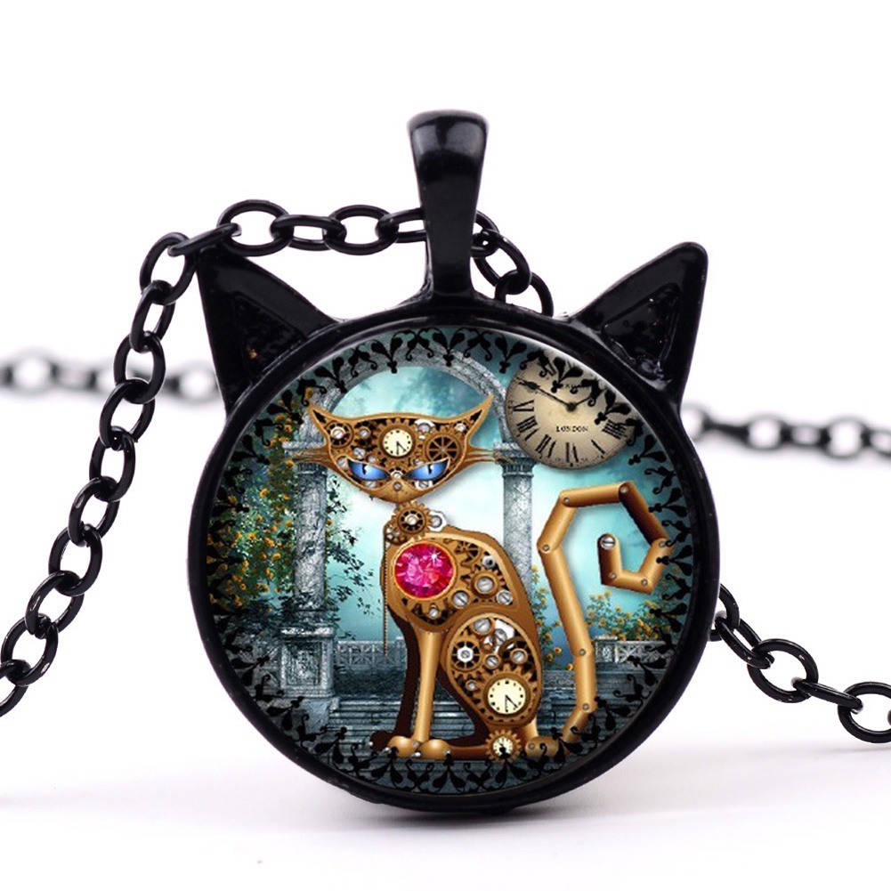 Hu Hu Hu Hu Hu Alat Bantu Pasang Kacamata♡ Kalung Rantai Liontin Cabochon Kaca Motif Kucing Gaya Vintage Untuk Unisex
