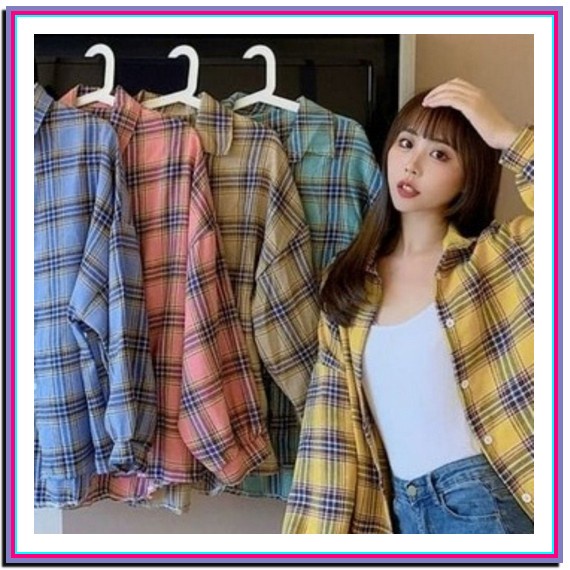 Kemeja Kotak Wanita Bigsize Terbaru Hem Korea Oversize Cewek Kekinian Jumbo Zara Square Shirt Kemeja