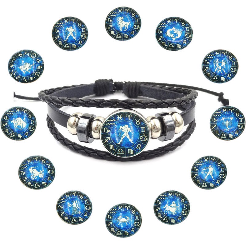 Gelang Kulit Kepang Dengan Kancing Desain 12 Zodiak Kanker Sagittarius Aquarius Libra Scorpio Gemini Gaya Punk Untuk Hadiah