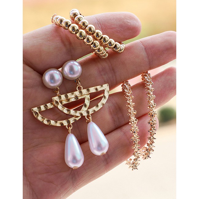 LRC Anting Set Fashion Gold Alloy Irregular Semi-circular Artificial pearl Spiny Round Opening Earri