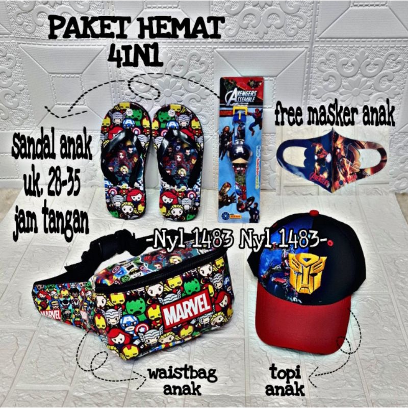 PAKET HEMAT 4IN1 TAS WAISTBAG ANAK LAKI LAKI KARAKTER SUPERHERO