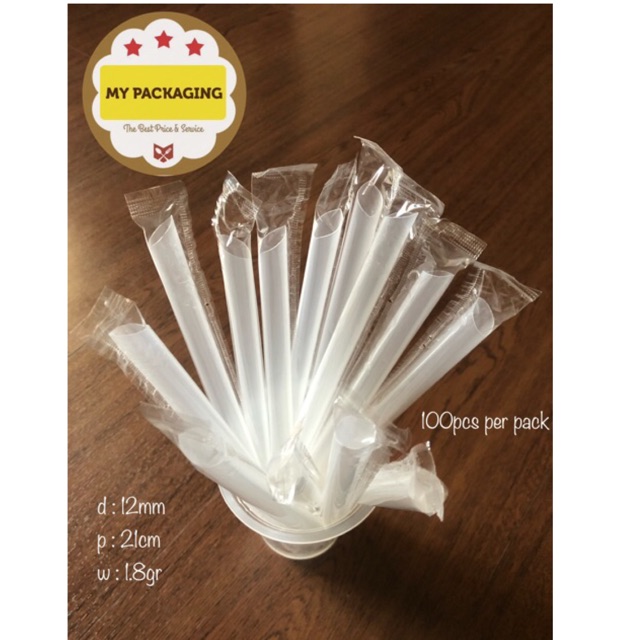 Sedotan Bubble BOBA Steril Bungkus Plastik Lurus Runcing 12mm 21cm isi 100pcs/pack kuat bersih tidak mudah sobek