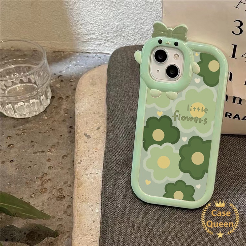 Casing Oppo A17 A95 A16K A16E A52 A92 A96 A7 A5S A12 A3S A12E A53 A74 A17K A76 Reno 5 5F 4F A55 A16s A15 A15s A16 A57 A5 A9 A54 A31 Bow-knot Little Monster Fresh Green Flower Case