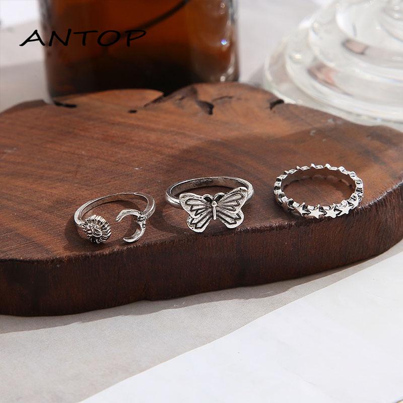 3pcs / Set Cincin Model Terbuka Desain Matahari Butterfly Gaya Retro