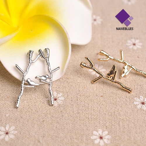 Anting Stud Desain Cabang Pohon Burung Bahan Alloy Untuk Wanita