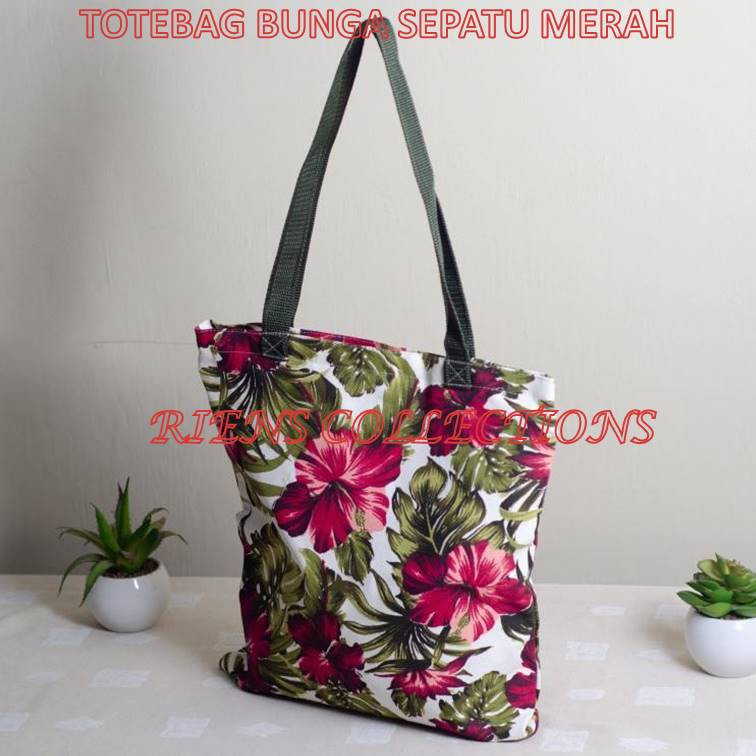 TOTEBAG KANVAS MOTIF BUNGA SEPATU MERAH Riens Collections. Tas Kanvas Tas Jogja Tas Souvenir Jogja