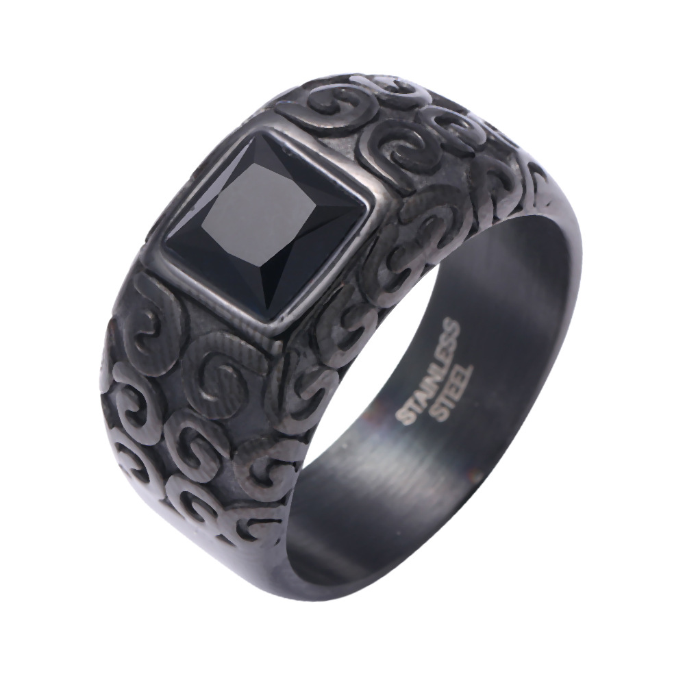 Cincin Baja Titanium Batu Permata Kristal Hitam Pola Ukiran Vintage Pria Fashion Perhiasan Rings