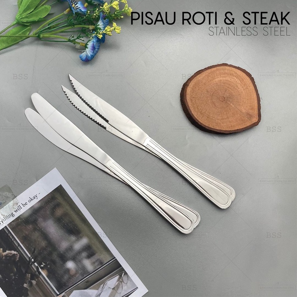 2pcs Pisau Steak Stainless Pisau Makan Selai Roti Oles Mentega Panjang Tebal Hotel