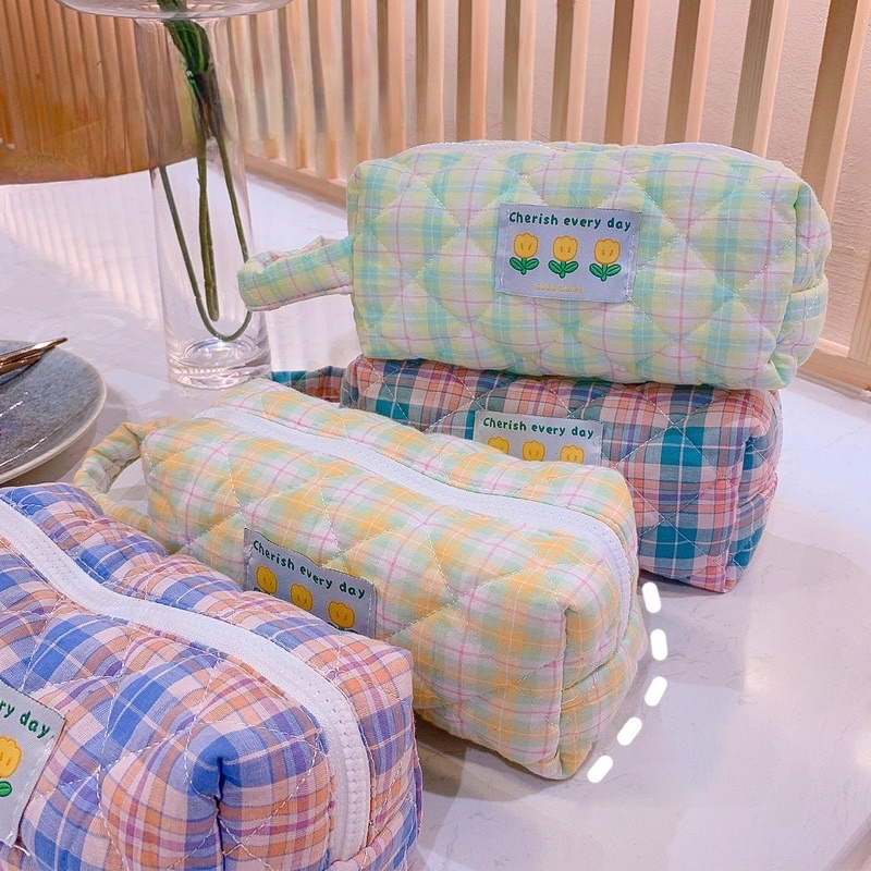 KENSHO Kotak Pensil Kain Flower Sleting Bunga Aesthetic Plaid Kotak Korea / Pencil Case Lucu Import / Flowers