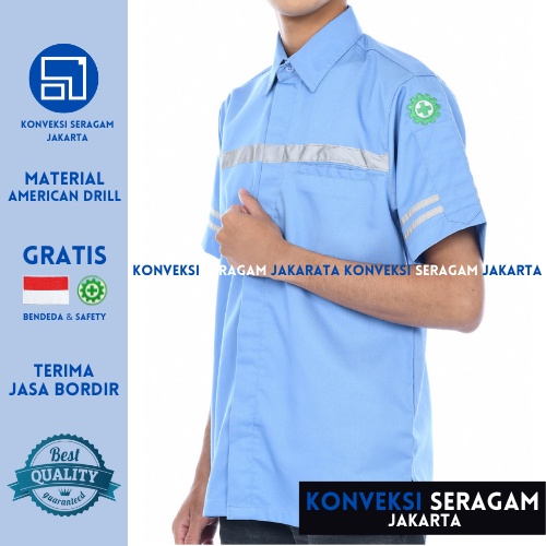 Baju Kemeja Safety K3 Lengan Pendek - Seragam Kerja Atasan Wearpack Werpack Werpak Proyek Tambang Warna Biru Muda Telur Asin Pria Wanita - Konveksi Seragam Jakarta