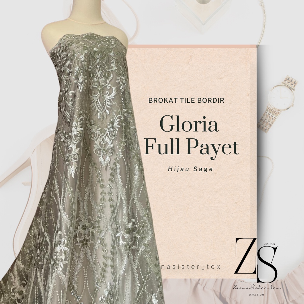 Bahan Kain Brukat Tile Bordir Payet Meteran Mewah Premium Gloria Edition Warna Hijau Sage Green