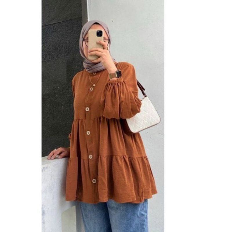 Danny Tunik Wanita Crinkle Airflow Premium Baju Tunik Wanita Terbaru Lengan Balon Panjang Busui LD 110 cm