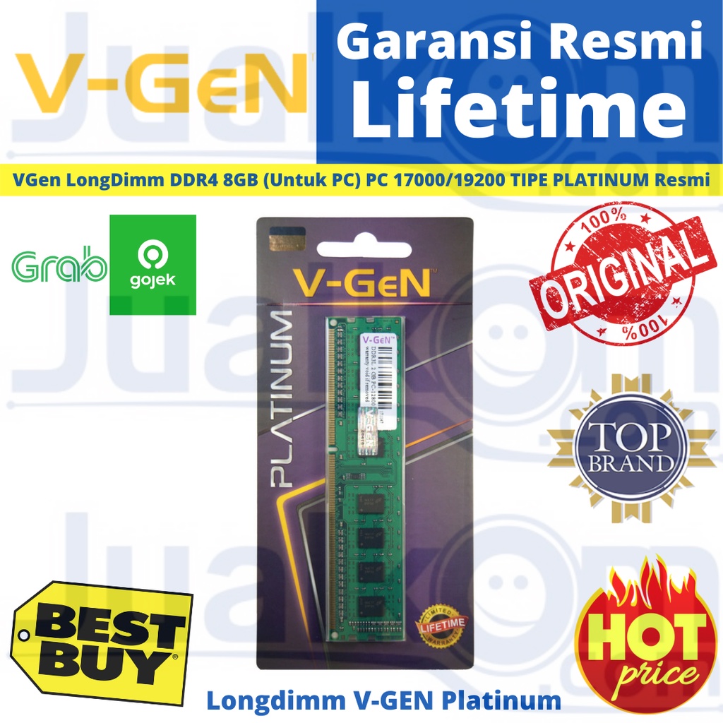 VGen LongDimm DDR4 8GB V GEN (Untuk PC) PC 17000 / 19200 / 21300 TIPE PLATINUM V-GEN Resmi