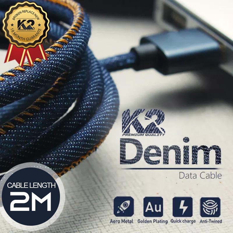 KABEL DATA DENIM 2 METER K2-C07 K2 PREMIUM QUALITY MICRO / TYPE C / Lightning Fast Charging 2.4A [fs]