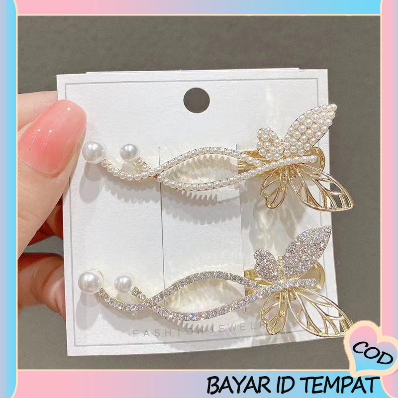 COD❤️ Kupu-kupu Poni Jepit Rambut Mutiara Imitasi Berlian Imitasi Sisi Atas Rambut Klip Temperamen Hiasan Kepala-A.one