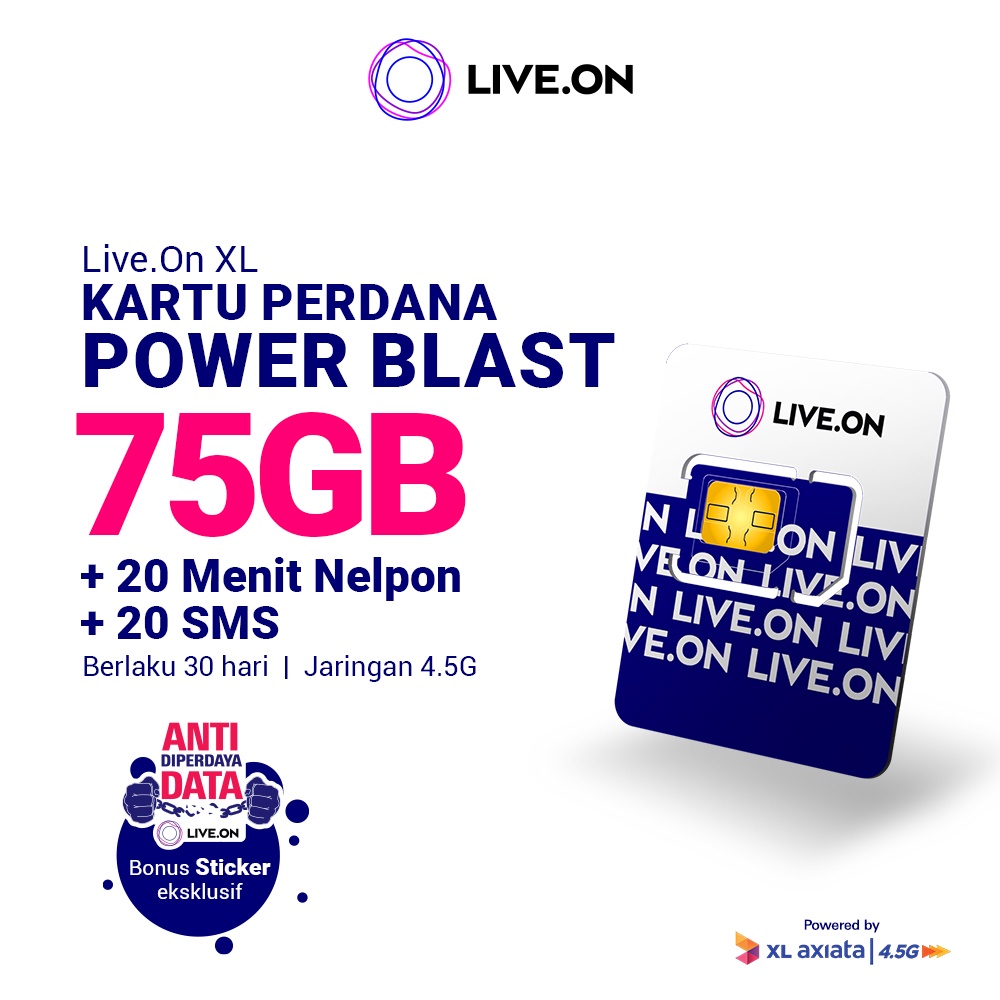 Live.On Kartu Perdana Power Blast 75GB (30 hari) Jaringan 4.5G + 20 Menit Nelpon + 20 SMS