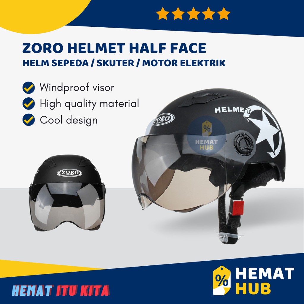 Helm Sepeda Skuter Motor Elektrik Half Face Ringan Kaca Kuat Hitam Ventilasi Udara