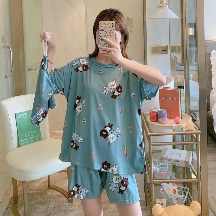 Piyama Baju Tidur Import Wanita Fashion Sleepwear Spandex Stelan Rumah Baju Santai Celana Pendek z-POUCH-ConyBrownTosca