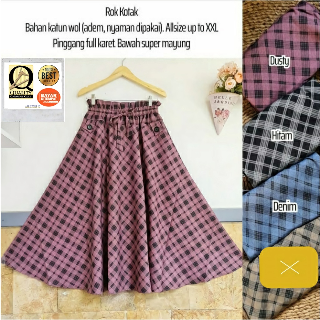 Rok Kotak Kotak Fashion Muslim Skirt Payung Panjang Wanita Kekinian Premium Ld 60-100 P 90 Allsize