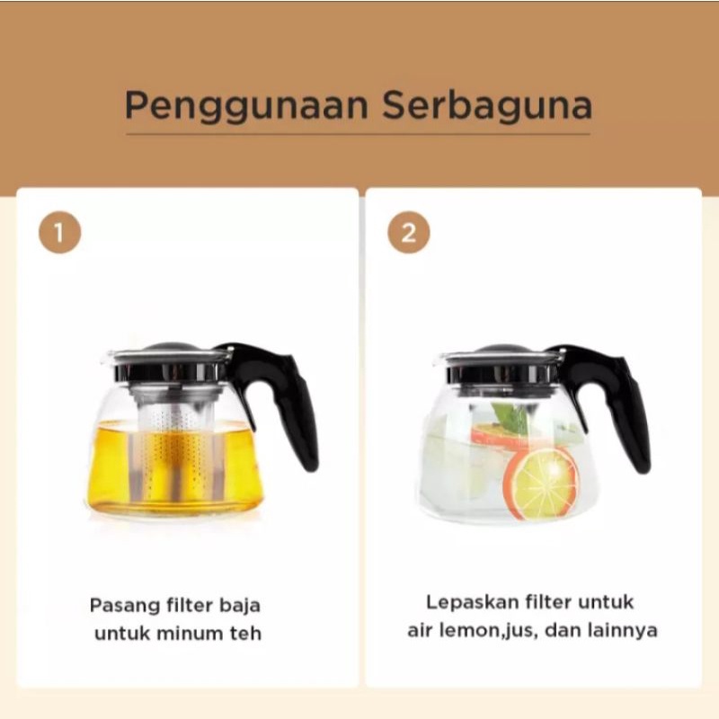 Teapot Glass Infuser 900 ML / Teko Kaca Saringan Stainless Steel