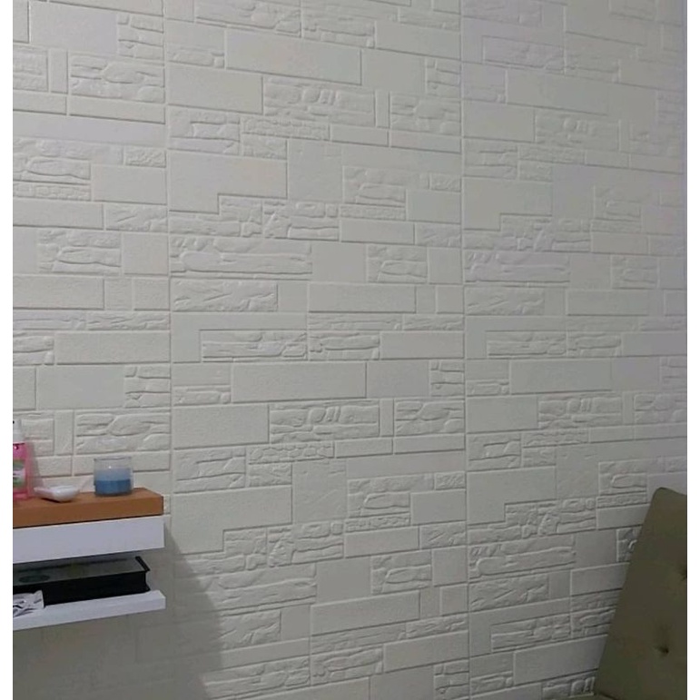 wallpaper foam premium 3D batu alam putih mewah permukaan timbul