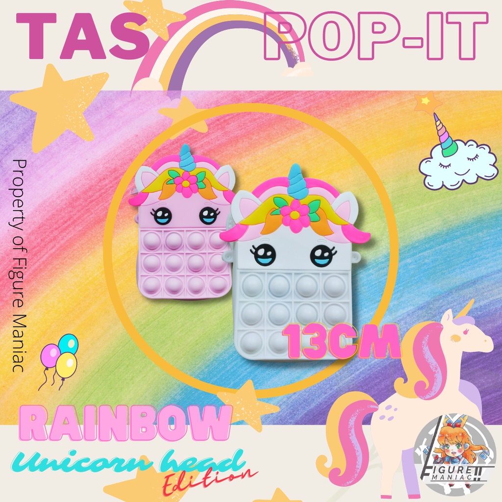 Figure Maniac - Tas Pop It Mini Rainbow Unicorn Head Sling bag edition premium import size 13 cm free tali selempang Tas Anak Tas Handphone Tas Mainan Anak Tas Sekolah