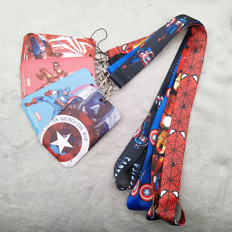 Marvel Heroes Captain America Badge Card Holder Dengan Neck Lanyard Spider Iron Man Keychain 2in1 Bank Bus Name Tag Visible Card Sleeve Protector Gantungan Kunci