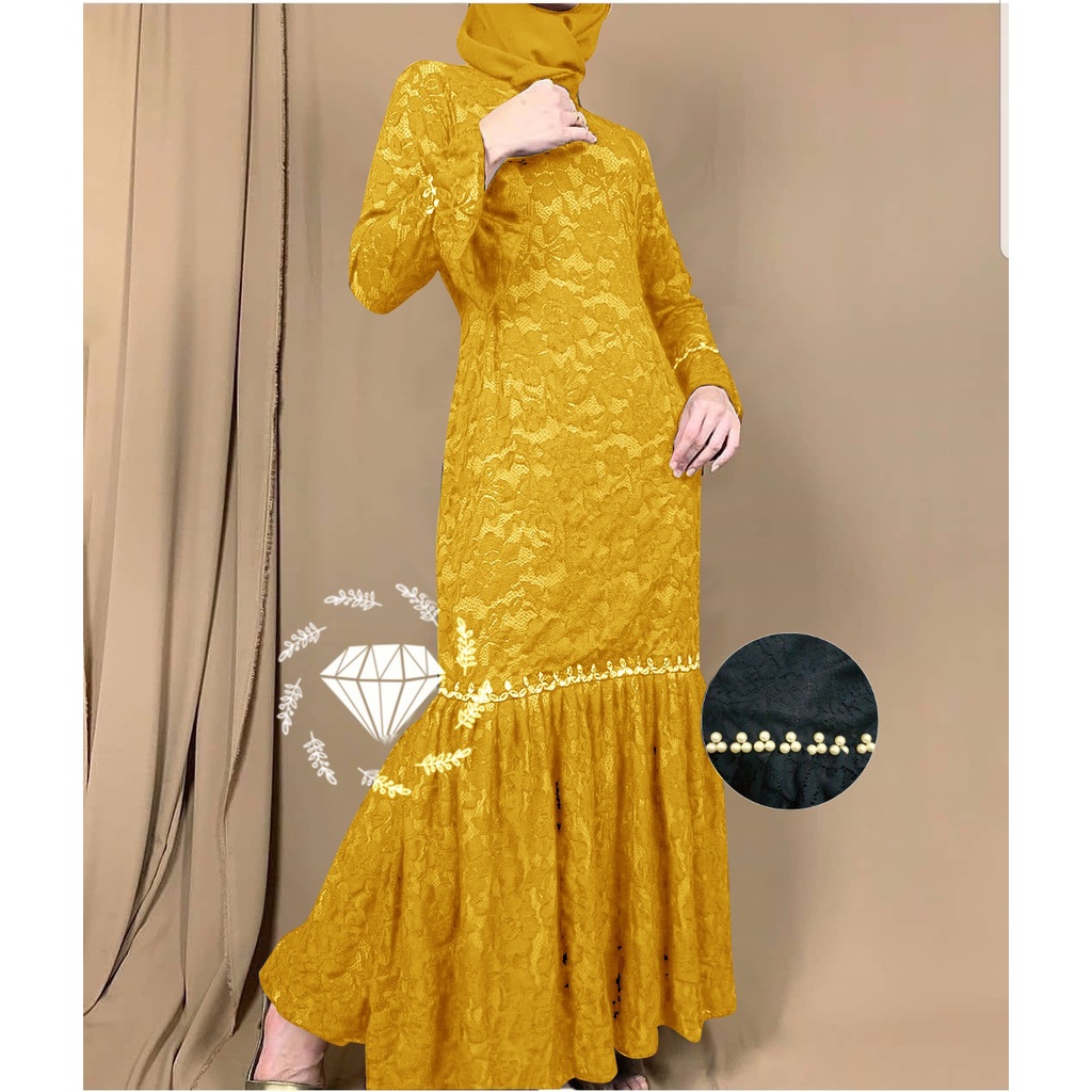5 UKURAN M L XL XXL 3XL MAXY NURHALIZA DUYUNG FASHION PAKAIAN WANITA DRESS GAMIS MAXI BRUKAT PART 1 MS ADA VIDEO REAL-Mustard