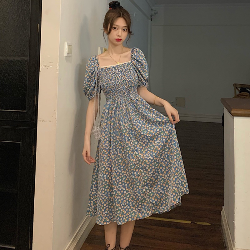 [COD] LB - New arrival korean dress / Blue korean dress flower / Flower dress blue / D075