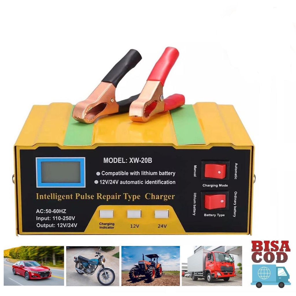 12V/24V Charger Aki 180W 10A/7A LCD VRtec Smart Battery Charger Mobil Motor