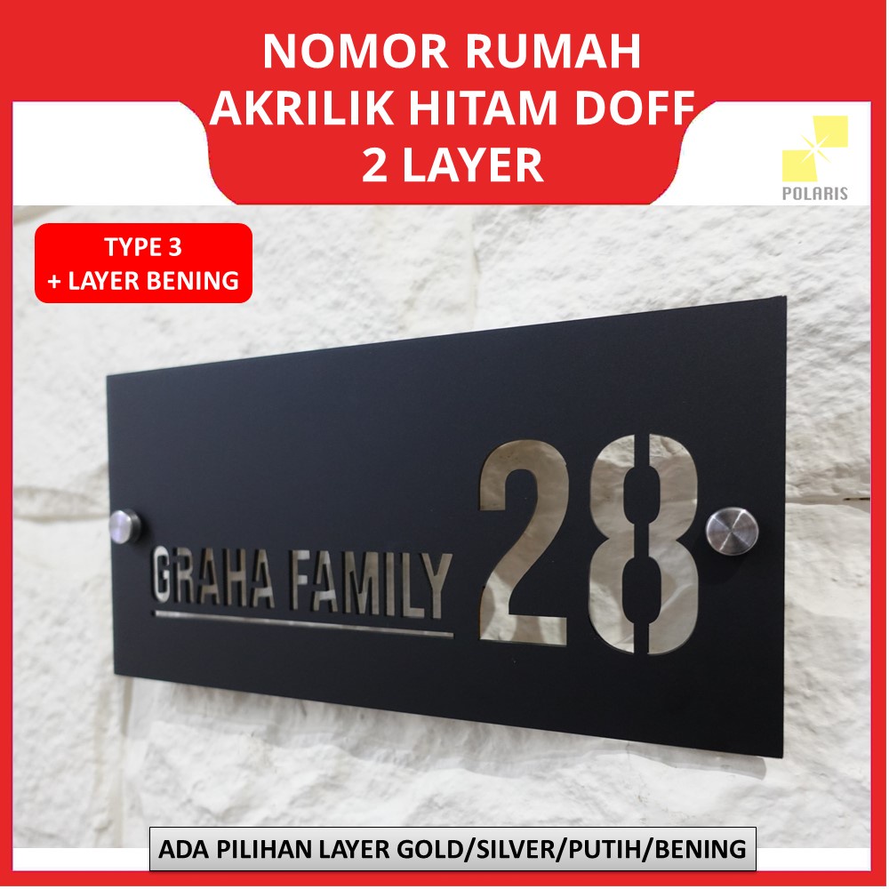 NOMOR RUMAH AKRILIK MODERN HITAM DOFF 2 LAYER - PAPAN NO RUMAH ACRYLIC CUSTOM TULISAN LUBANG DESIGN MINIMALIS - PAPAN ALAMAT NOMER RUMAH AKRILIK MIRROR GOLD/SILVER ELEGAN