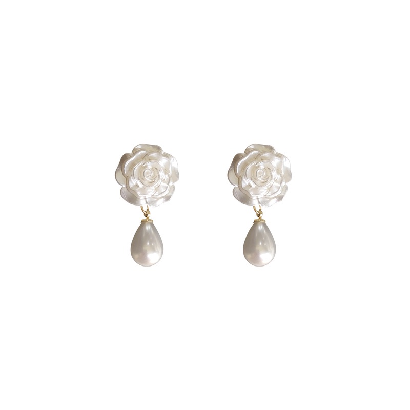 Anting Tusuk Gantung Bahan Sterling Silver 925 Desain Bunga Mawar + Mutiara Gaya Barok / Elegan Untuk Wanita