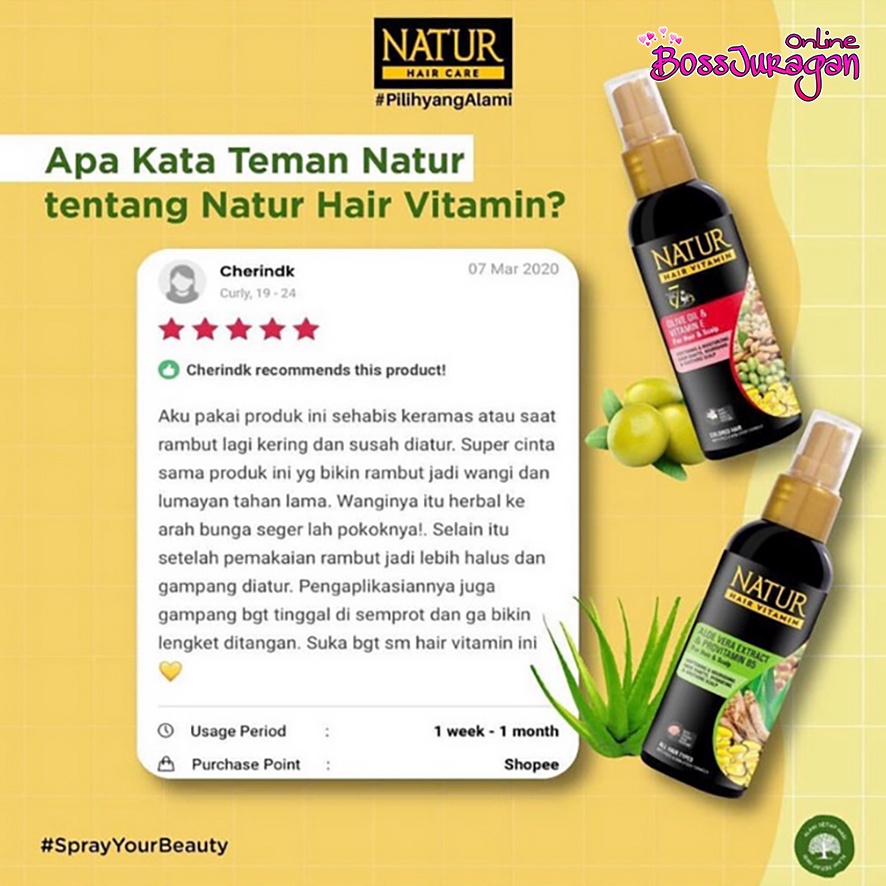 (BOSS) NATUR Hair VItamin 80ml - Olive Oil &amp; Vitamin E | Ginseng Extract &amp; Vitamin E | Aloe Vera Extract &amp; Provitamin B5