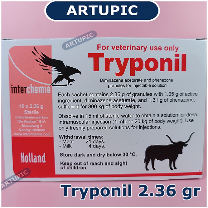 Tryponil Sachet Obat Surra Parasit Darah Trypanosomiasis Sura Piroplasmosis Hewan Ternak Sapi Kerbau Kuda Kambing Domba Babi Anjing Kucing Diminazene Phenazone