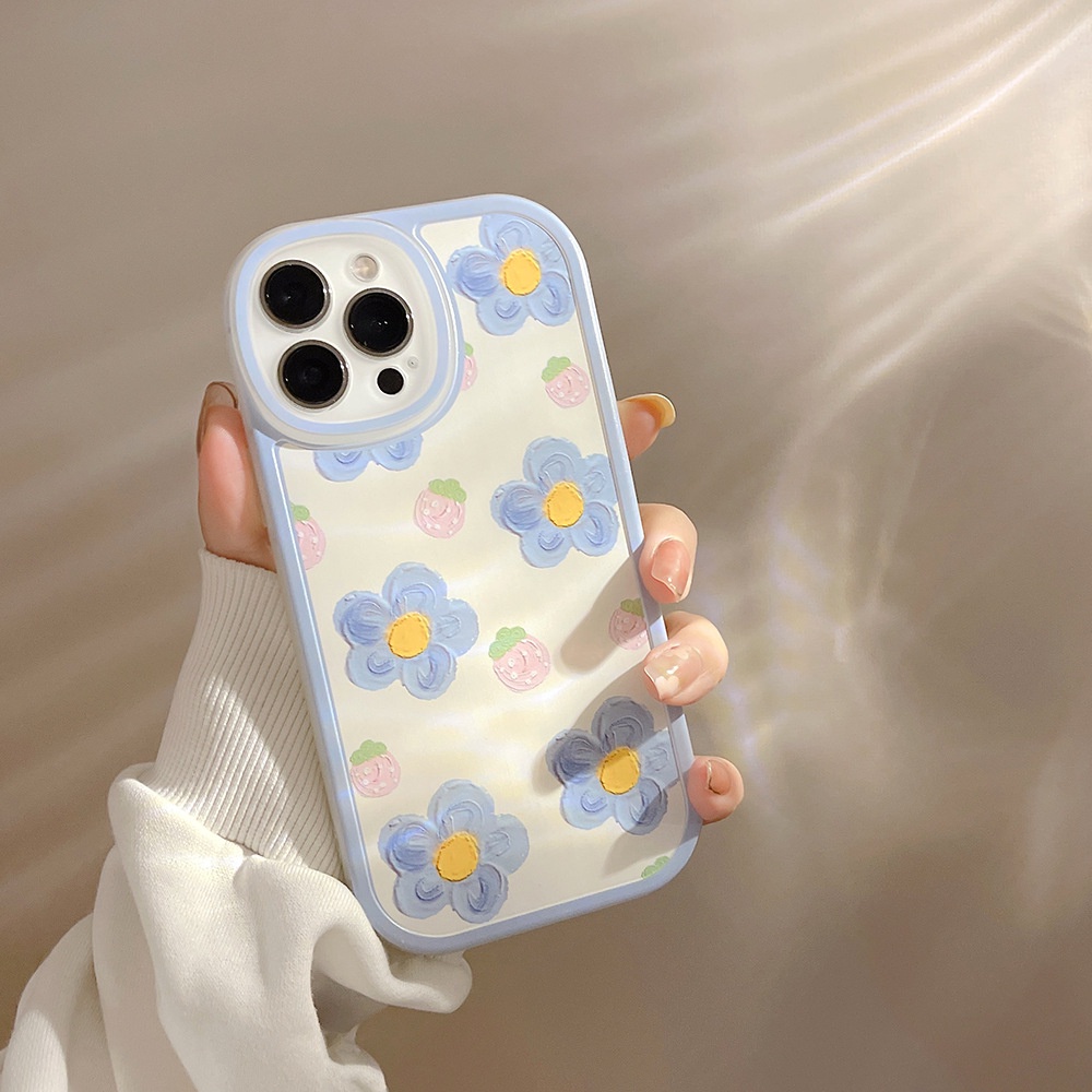 Soft Case Pelindung Motif Bunga Strawberry Biru Muda Untuk Iphone 7 8 PLUS X XR XS 11 12 13 MINI PRO MAX SE 2020