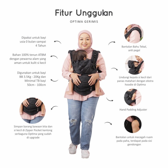 Gendongan Bayi Adjustable SSC Nana Babycarrier Optima Gerimis untuk Newborn - 4 Tahun
